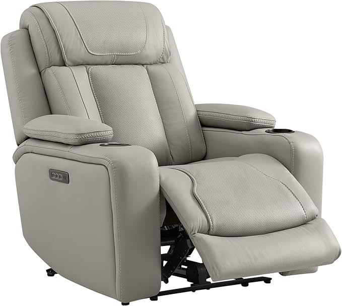 Watson & Whitely Super Zero Gravity Recliner Chair, Oversized Genuine Leather Electric Recliner W Power Adjustable Headrest & Lumbar Support Hidden Storage for Living Room, Light Grey