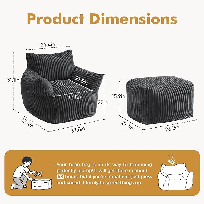 JULY'S SONG Bean Bag Chair with Ottoman for Adults, Fluffy Grey Lazy Couch Sofa Chair with Armrests for Living Room, Bedroom & Dorm