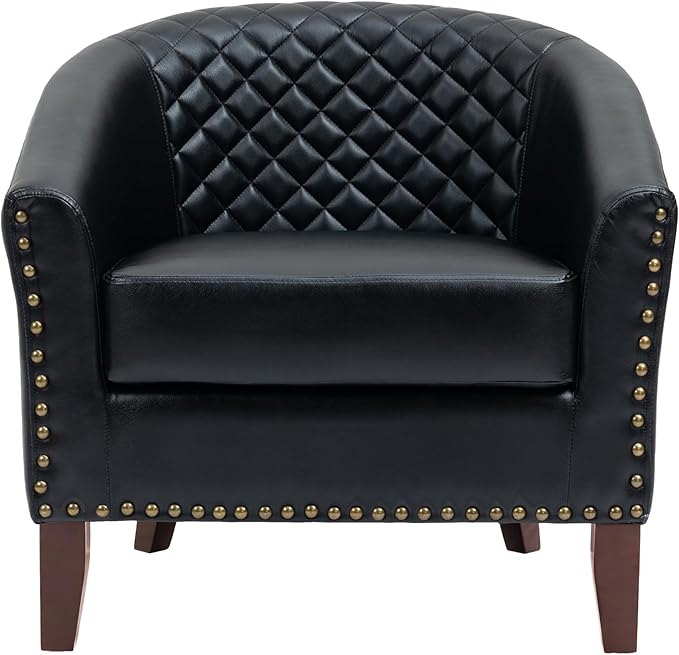 UIXE Faux Leather Barrel Accent Chairs Set of 6, Modern Club Upholstered Arm Chair, Comfy Armchair Nailed Trim Living Room Single Sofa Reading Seat Bedroom Side Sitting for Office, Black