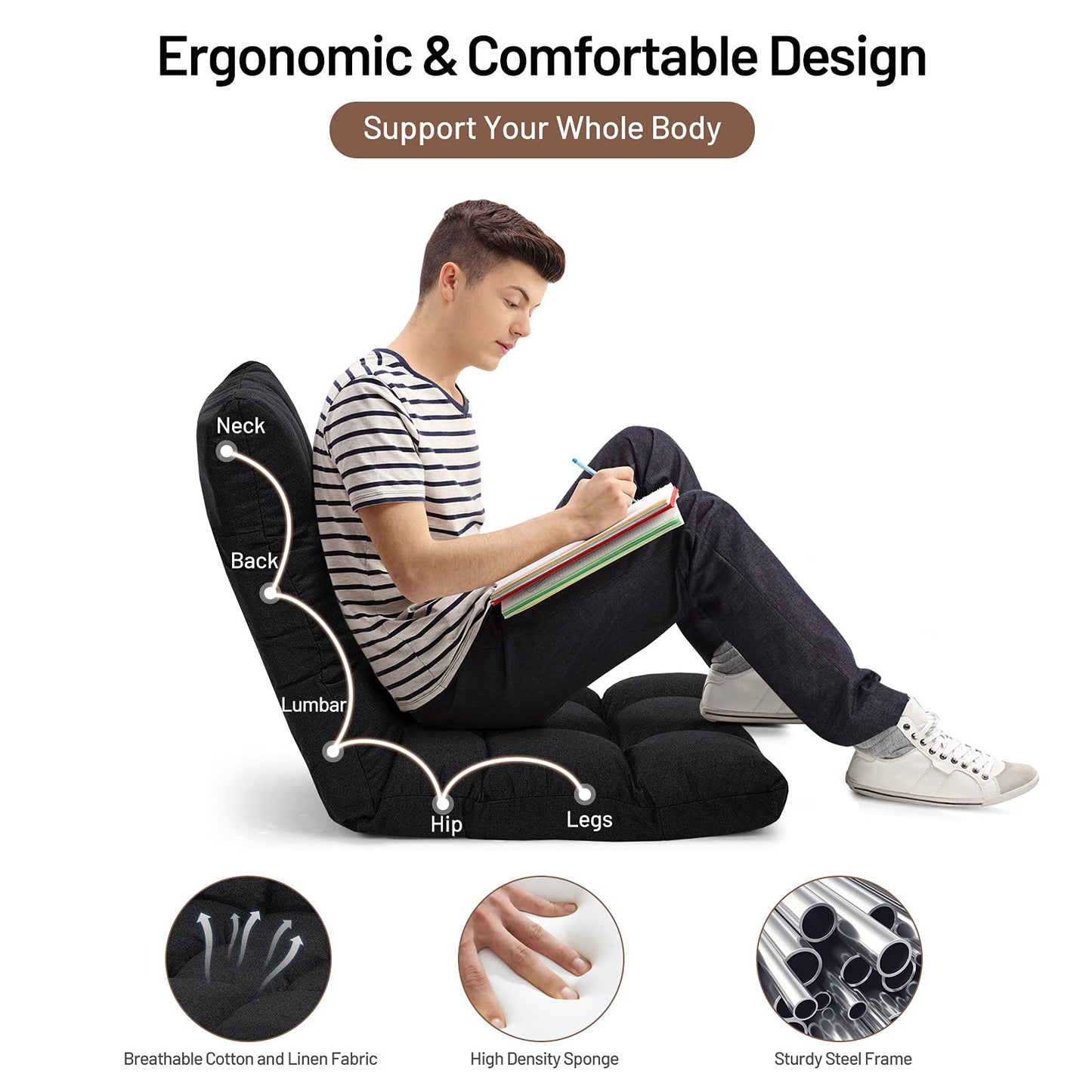 Giantex Floor Sofa Chair Video Gaming Chair with 14 Adjustable Position, Padded Back Support Floor Cushioned Seat, Folding Lazy Chair for Meditation, Reading, Watching, Living Room Recliner(Black)