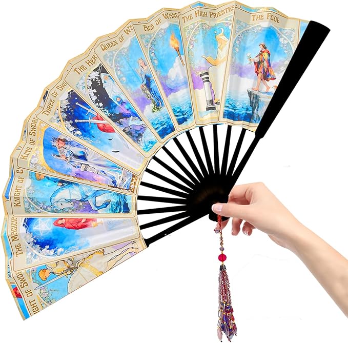 Juglok Oversized Folding Bamboo Tarot Hand Fan - Witchy Astrology Decor for Halloween, Rave Fan, Gypsy Costume, Fortune Te...