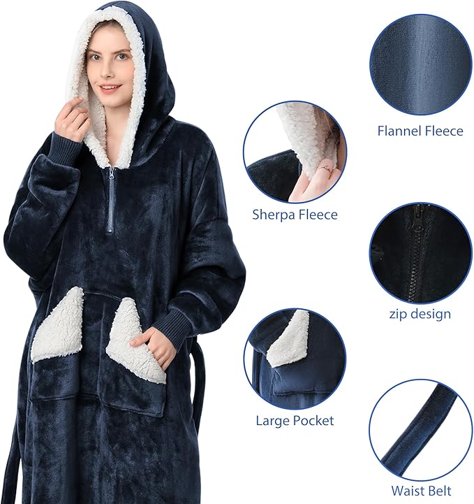 Wearable Blanket Hoodie as Gifts for Women, Long Sherpa Fleece Hooded Blankets with Oversize Hood and Pocket, Warm and Cozy Sweatshirt with Belt, Winter Gift