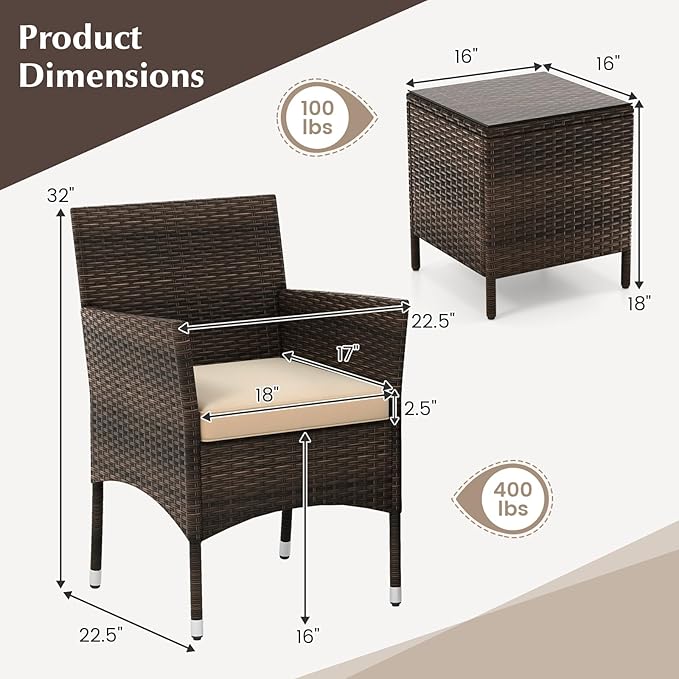 KOTEK 3 Piece Patio Furniture Set, Outdoor Wicker Patio Chairs with Soft Cushions & Tempered Glass Top Table, PE Rattan Bistro Set for Porch, Garden, Balcony (Beige)