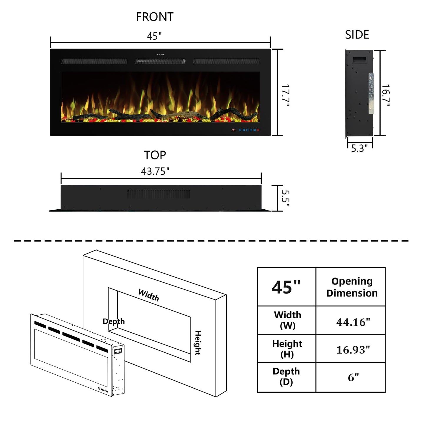 Kentsky 45" WiFi Electric Fireplace Inserts, Recessed and Wall Mounted Fireplace Heater W/Adjustable Flame Color & Brightness, Thermostat, 9H Timer, App and Remote Control, 750/1500W
