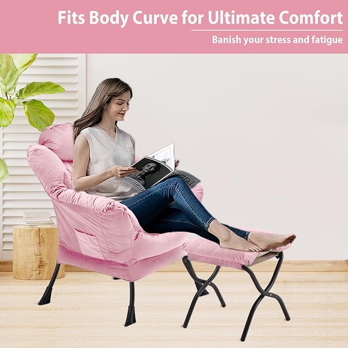 Youtanic Lazy Chair with Folding Ottoman, Accent Chair Velvet Upholstered with Metal Structure and Non-Slip Pads, Sofa Armchair with Footrest and Side Storage Bag for Dorm, Room, Office, Pink