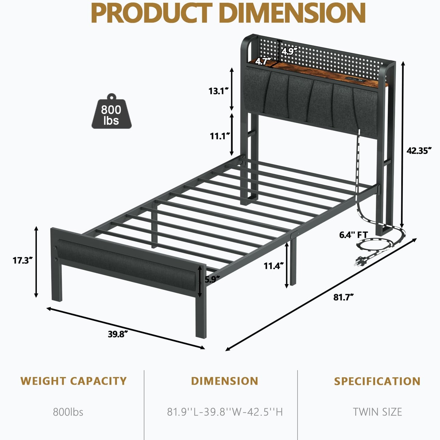 Furnulem Twin Size Bed Frame with LED Light and Charging Station, Grey Upholstered Storage Headboard with Shelf, Metal Platform Bed with Heavy Duty Slats, No Box Spring Needed, Noise Free