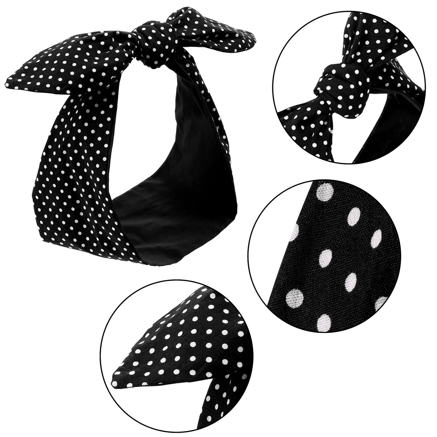 Hicarer Halloween Black Polka Dot Bow Headband Cute Bandana Retro Headband 50s Outfit Hair Headwrap with Wire Vintage Hair Acces