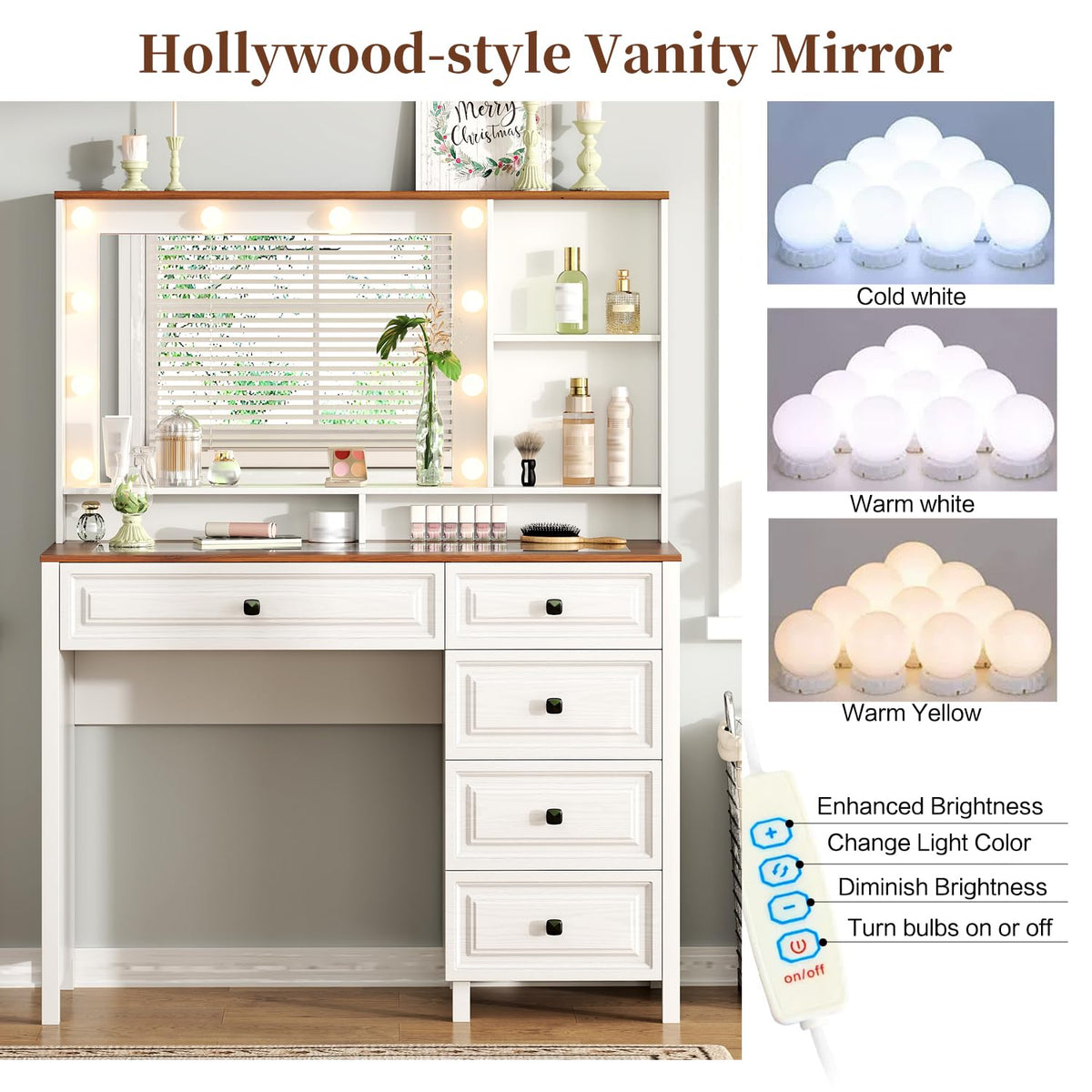 Arulvmrn 43" Large Vanity Desk with Mirror and Lights,Makeup Vanity with 10 Lights，Modern Makeup Table with 5 Drawers，Open Shelves for Bedroom Makeup Room