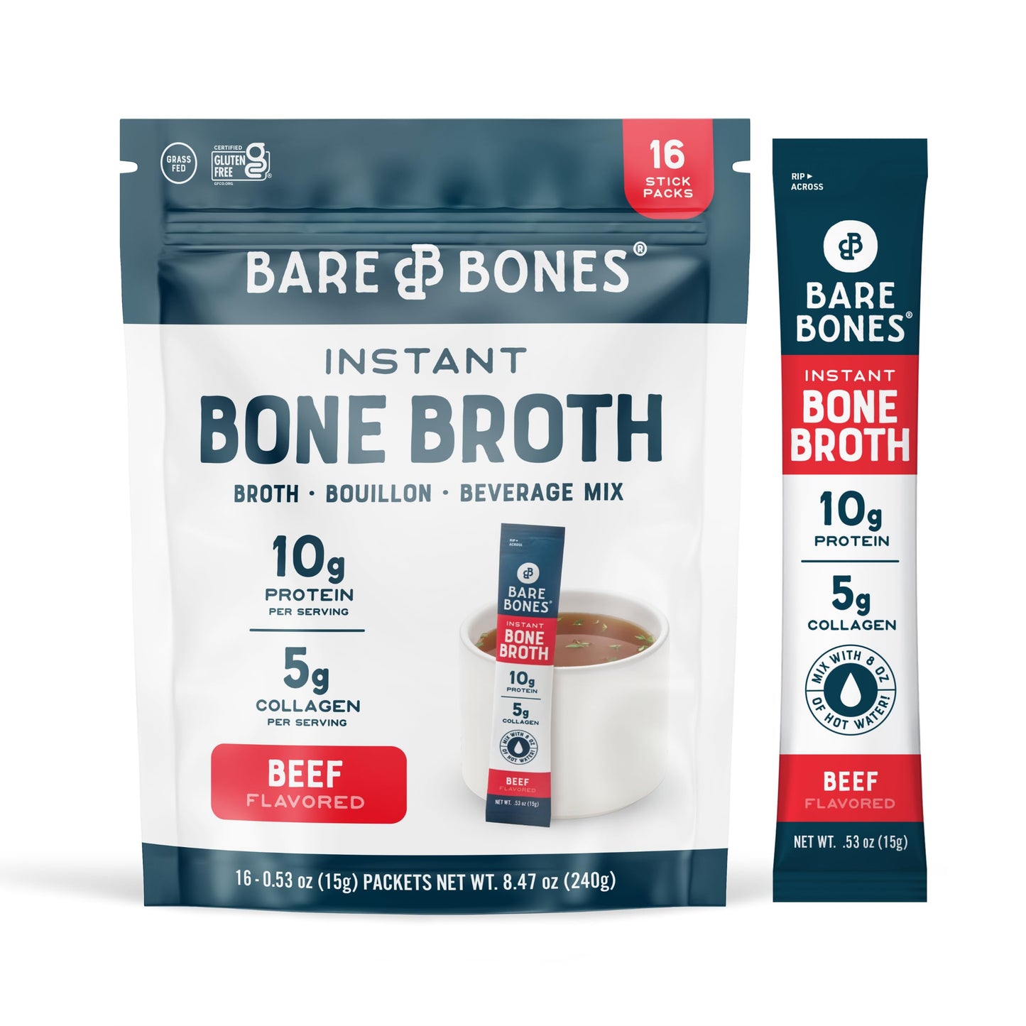 Bare Bones Beef Bone Broth Instant Powdered Mix Packets | 5g Collagen | 10g Protein | Keto & Paleo Friendly | No Artificial Flavors | Rich Savory on-the-go 16 Pack