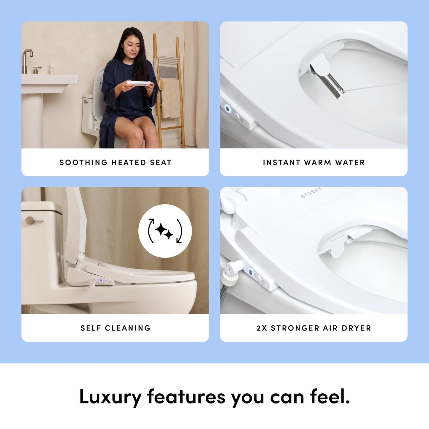 TUSHY Aura Luxury Electric Bidet Seat: Heated Toilet Seat with Temperature Control, Self-Cleaning Nozzle, Instant Adjustable Warm Water & Dryer (Remote Control & Auto Open, Soft Close Lid), Elongated