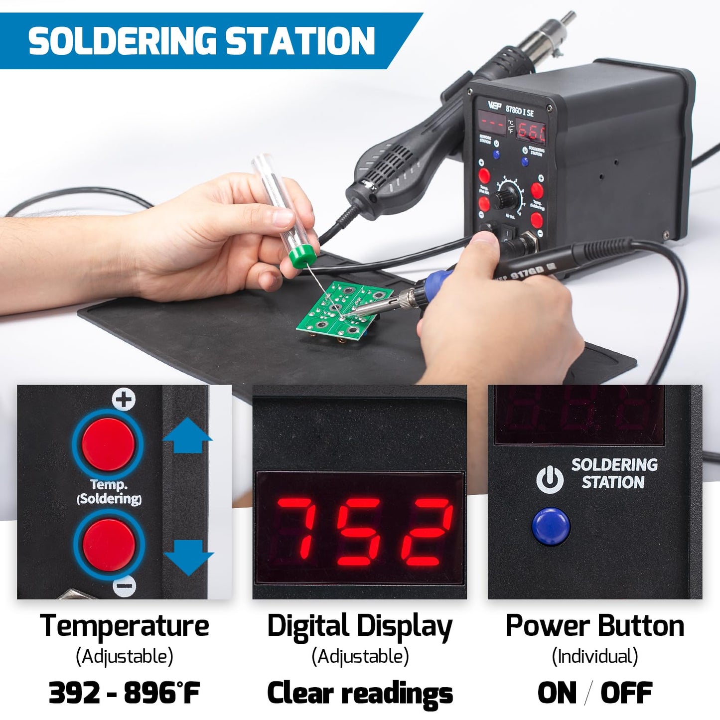 WEP 8786D-I SE Hot Air Soldering Iron Station Kit 2-IN-1 for Rework, Desoldering with Lead-Free Solder Wire, 5 Soldering Tips, 3 Hot Air Nozzles,Tweezers, Desoldering Pump