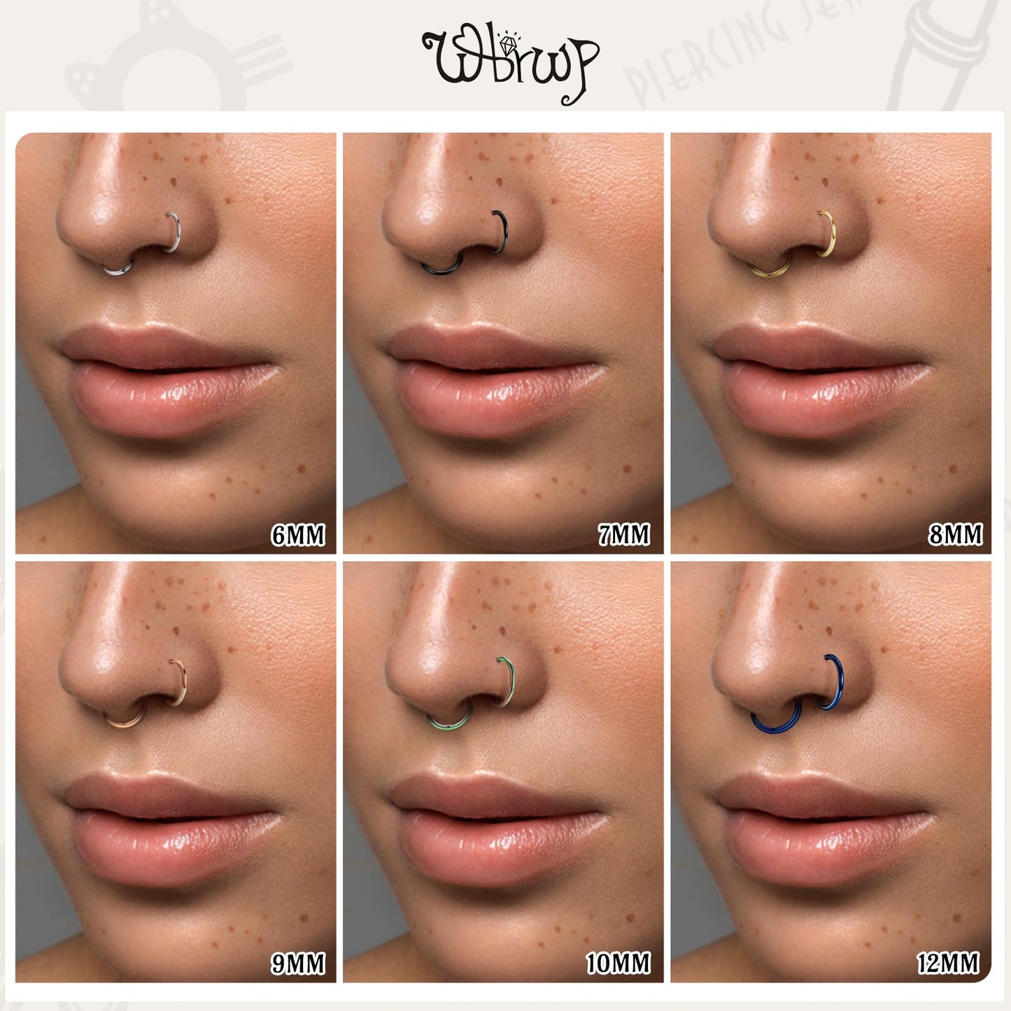 WBRWP 316L Stainless-Steel Piercing-Ring Hinged Nose-Rings-Hoop: 18G 8MM Womens Body Pierecing Ring Segment Clicker Lip Rings Ca