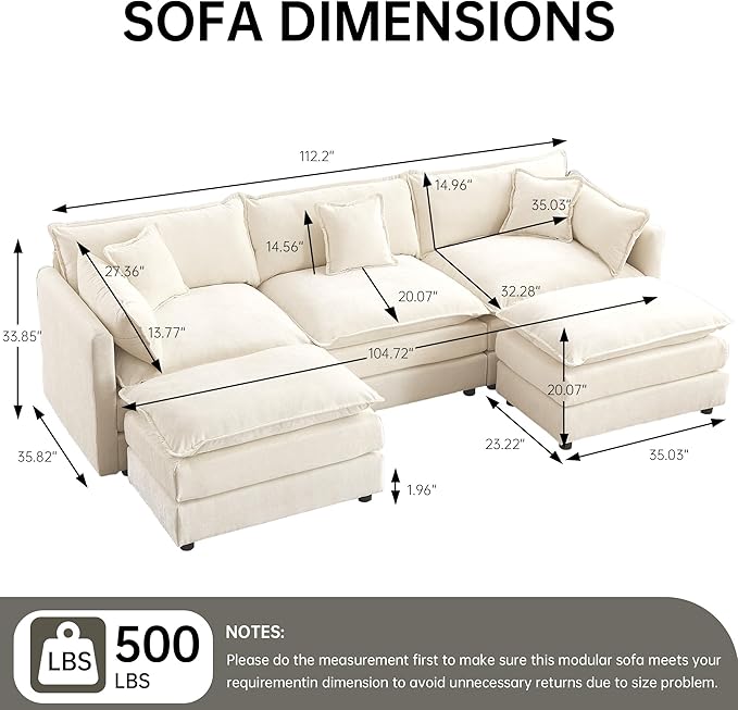 saows Modular Sectional Sofa, 112.2 Inch U Shaped Couch Set with Armrests, 3-Seater Comfy Cloud Couches with Movable Ottoman for Living Room Apartment, Beige