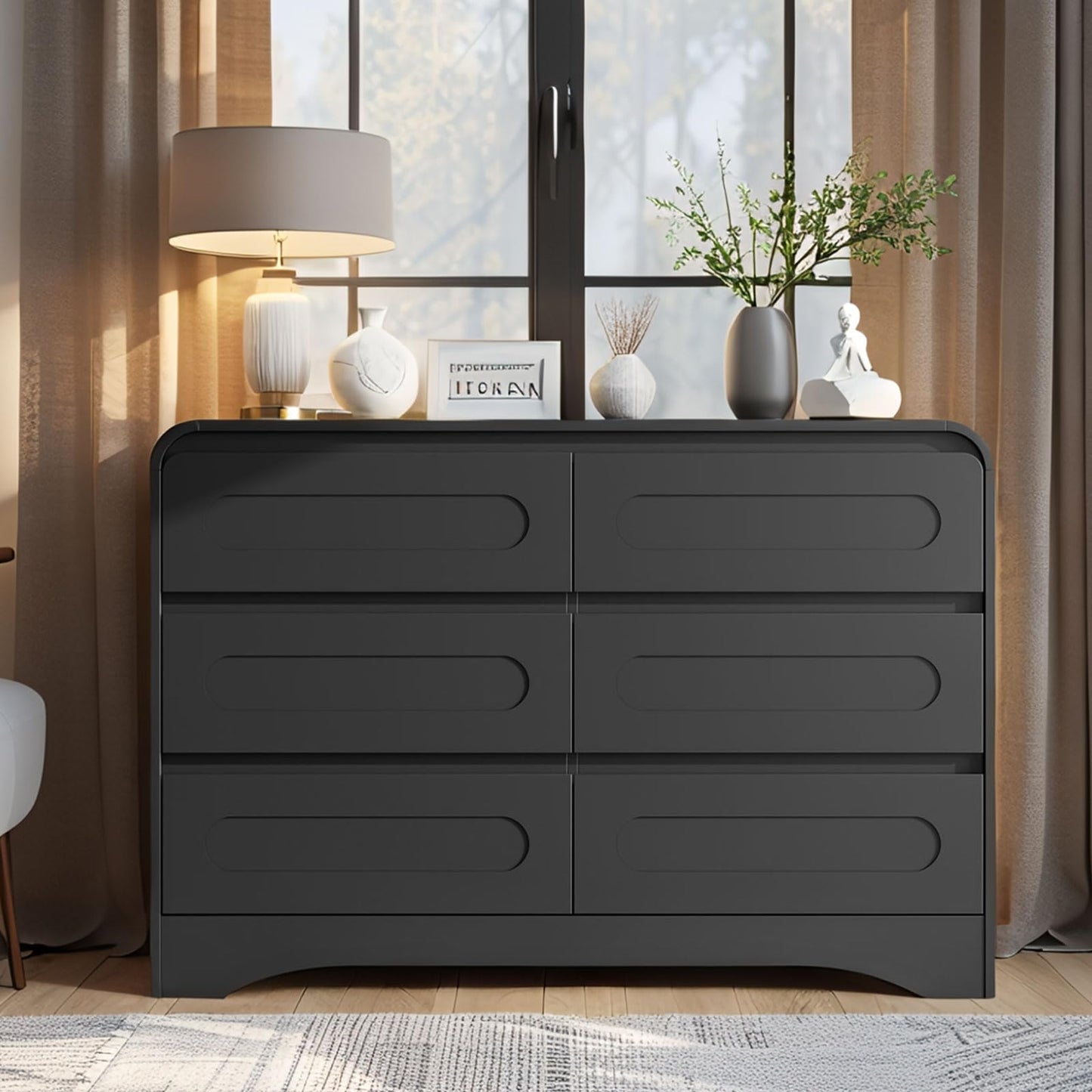 Black Dresser, 47" Wide 6 Drawers Dressers & Chest of Drawers with Pre-installed Slide&Curved Profile Design, Wood Closet Clothes Storage Dressers Organizer for Bedroom Living Room Hallway
