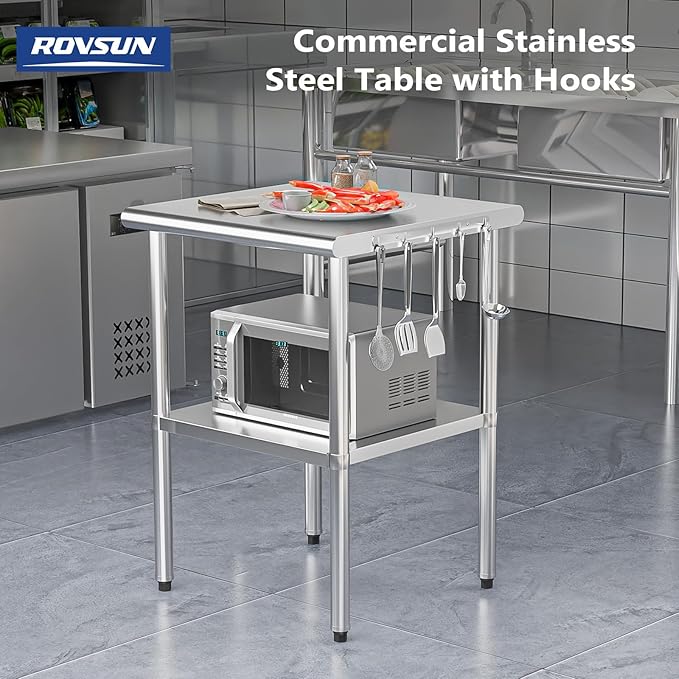ROVSUN 24'' x 24'' Stainless Steel Table for Prep & Work,Commercial Worktables & Workstations, NSF Heavy Duty Metal Table with Adjustable UnderShelf for Kitchen Restaurant, Home, Hotel, Outdoor