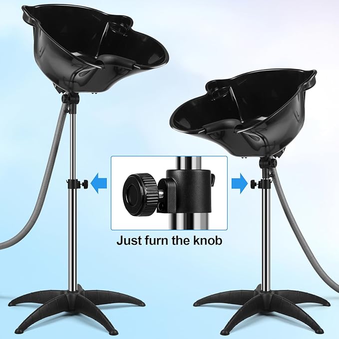 Portable Shampoo Bowl, 270 Degree Rotation of Hair Washing Basin, Height Adjustable Salon Sink with Drain Hoses for Home Salon Use