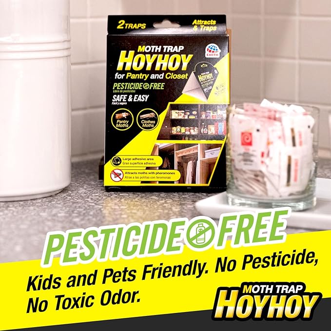 HOY HOY Pheromone-Infused Glue Traps – 4 Traps (2 Packs), Effective for Pantry & Closet Moths, Dual Hanging/Placement Options, Lasts Up to 3 Months