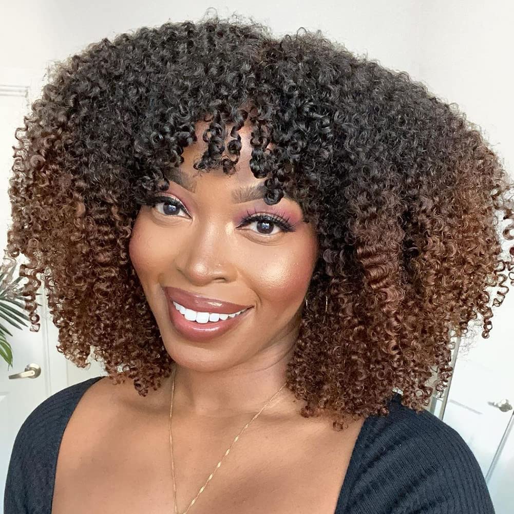 200% Density Ombre Human Hair Wigs Afro Kinky Curly Two Tone Wig With Bangs Brazilian Virgin Human Hair Machine Scalp Top Ombre