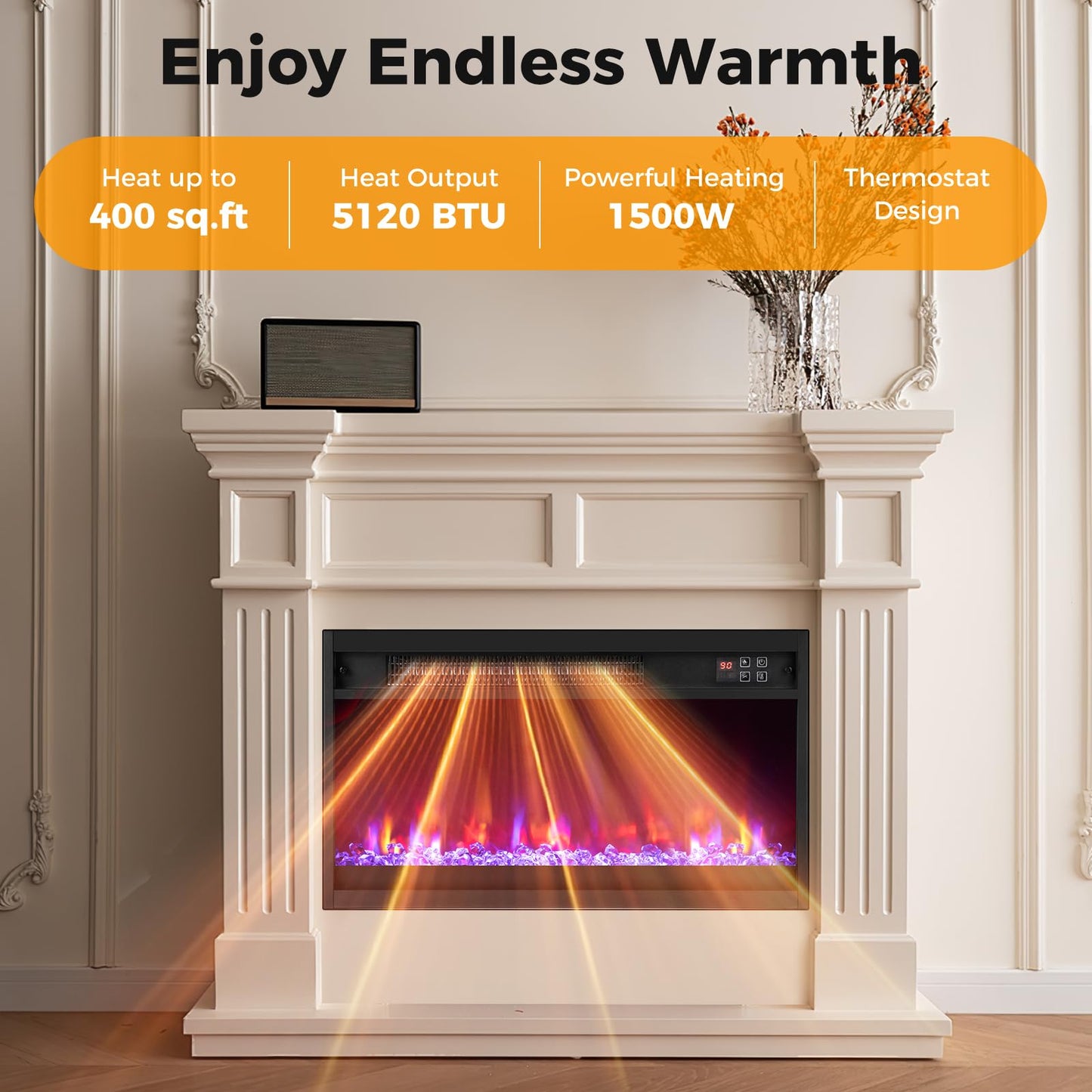 COSTWAY 23 Inch Recessed Fireplace Heater, Electric Fireplace Insert w/Multi-Color Flame & Crystal Ember Bed, Remote Control, 9H Timer, Built-in Thermostat & Overheat Protection, 1500W