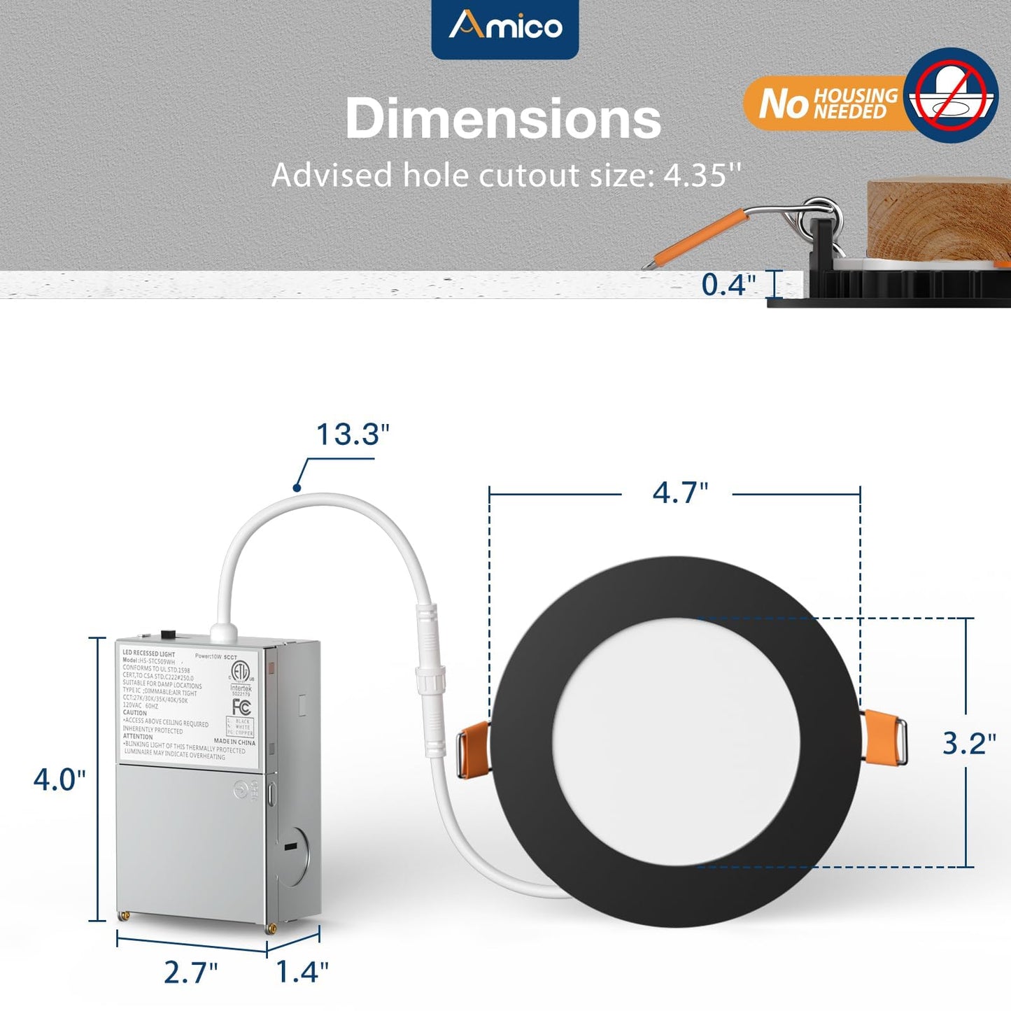 Amico 4 Pack 4 Inch Black 5CCT Ultra-Thin LED Recessed Light with Junction Box, 2700K/3000K/3500K/4000K/5000K Selectable, 10W Eqv 60W 800LM Dimmable Canless Wafer Downlight, ETL & FCC