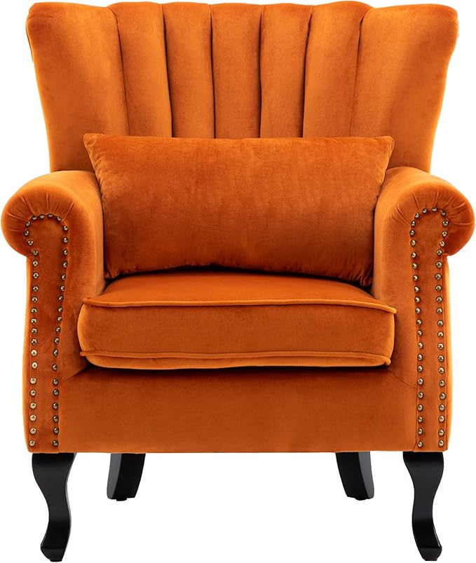 DM Furniture Mid Century Accent Chair Modern Tufted Wingback Armchairs Club Chair Velvet Single Sofa Lounge Chair with Pillow for Living Room, Orange