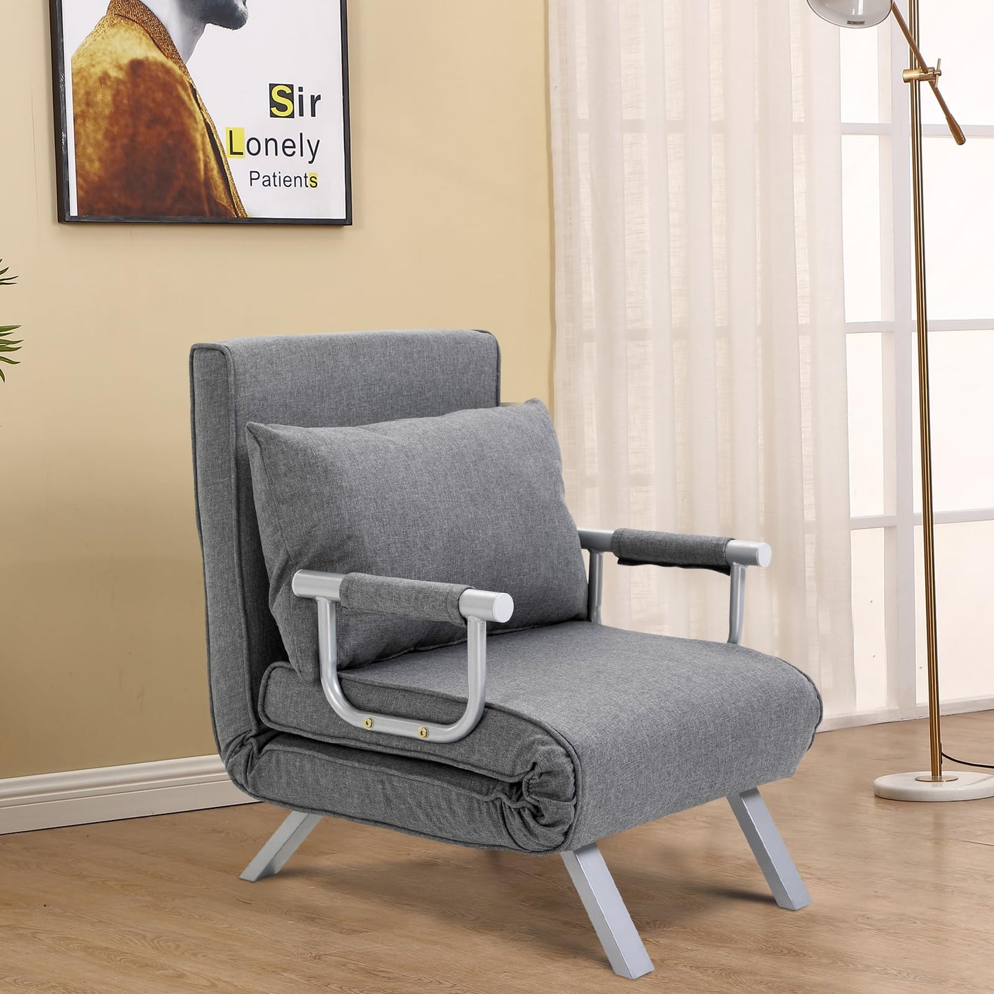 HOMCOM Single Person Folding 5 Position Convertible Sofa Bed Sleeper Chair Chaise Lounge Couch w/Pillow & Steel Frame for Home Office, Light Grey