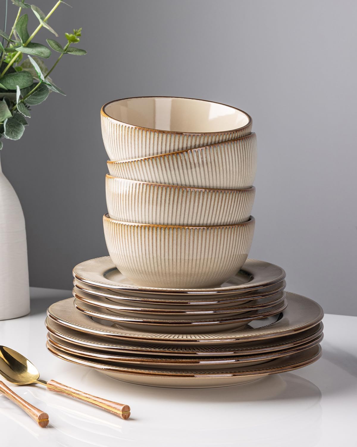 GBHOME Ceramic Dinnerware Sets, 18 Piece Embossed Elegant Stoneware Plates and Bowls Sets, Housewarming Wedding Gift | Dishwasher & Microwave Safe | Dishes Set Service for 6