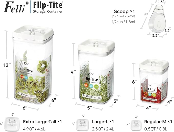 Felli Flip Tite Acrylic Food Storage Container with Lid 6” XL Air Tight Ring Seal Flip Top, Plastic Kitchen Baking Canister for 5 lb Flour Sugar Rice Protein Powder Pantry Organizer (Nest-L, White)