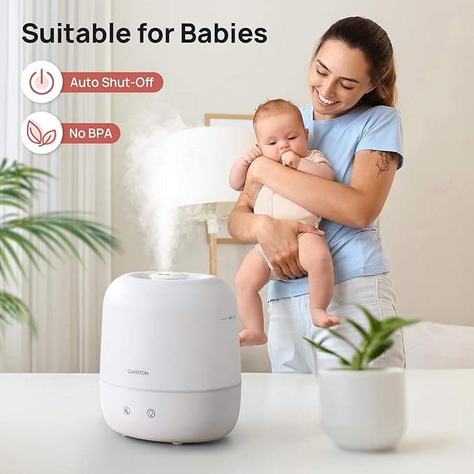 Clarston Humidifiers for Bedroom, 2L Top Fill with 360° Nozzle for Large Room, 7-Color Night Light, 24dB Quiet Cool Mist Air Humidifier for Baby Nursery & Plants, No BPA, Auto Shut Off, Easy to Clean
