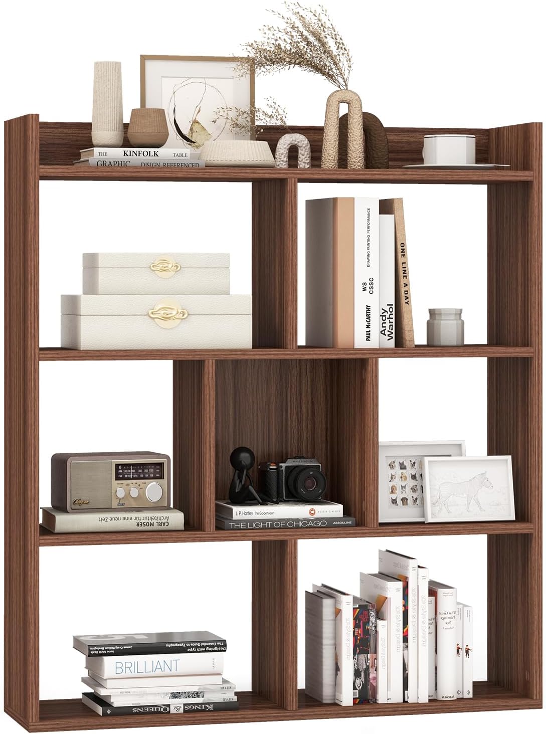 Giantex 7 Cube Bookshelf, Free-Standing Wooden Bookcase, 4 Tier Home Display Shelf, Horizontal Storage Unit w/Anti-Toppling Devices, Open-Back Display Rack for Study, Bedroom, Living Room, Walnut