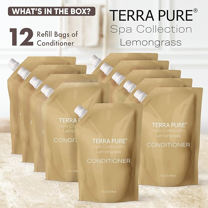 Terra Pure Spa Collection 1 Liter Conditioner Refill Bag For Soap Dispensers | Bulk Toiletries for Vacation Rentals, and Home Bathroom Showers | Green Tea Lemongrass | Set of 12