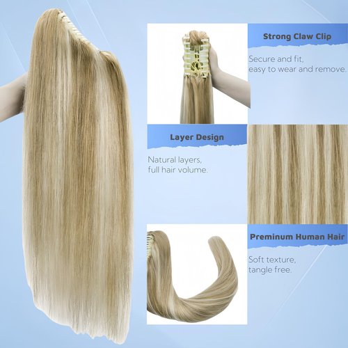 FUOTONBUTY Claw Clip Ponytail Extension 100% Real Remy Human Hairpiece Pony Tails Hair Extensions Long Straight Ponytail for Women (16 inch, Balayage Caramel Blonde to Bleach Blonde)