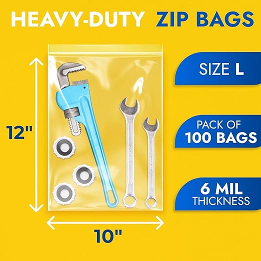 10" x 12" Medium Zip Seal Lock Bags, 6 Mil (Pack of 100) – Heavy-Duty Reclosable Plastic Bags – Clear, Resealable, Waterproof – For Storing and Organizing Clothes, Jewelry, and Travel Items