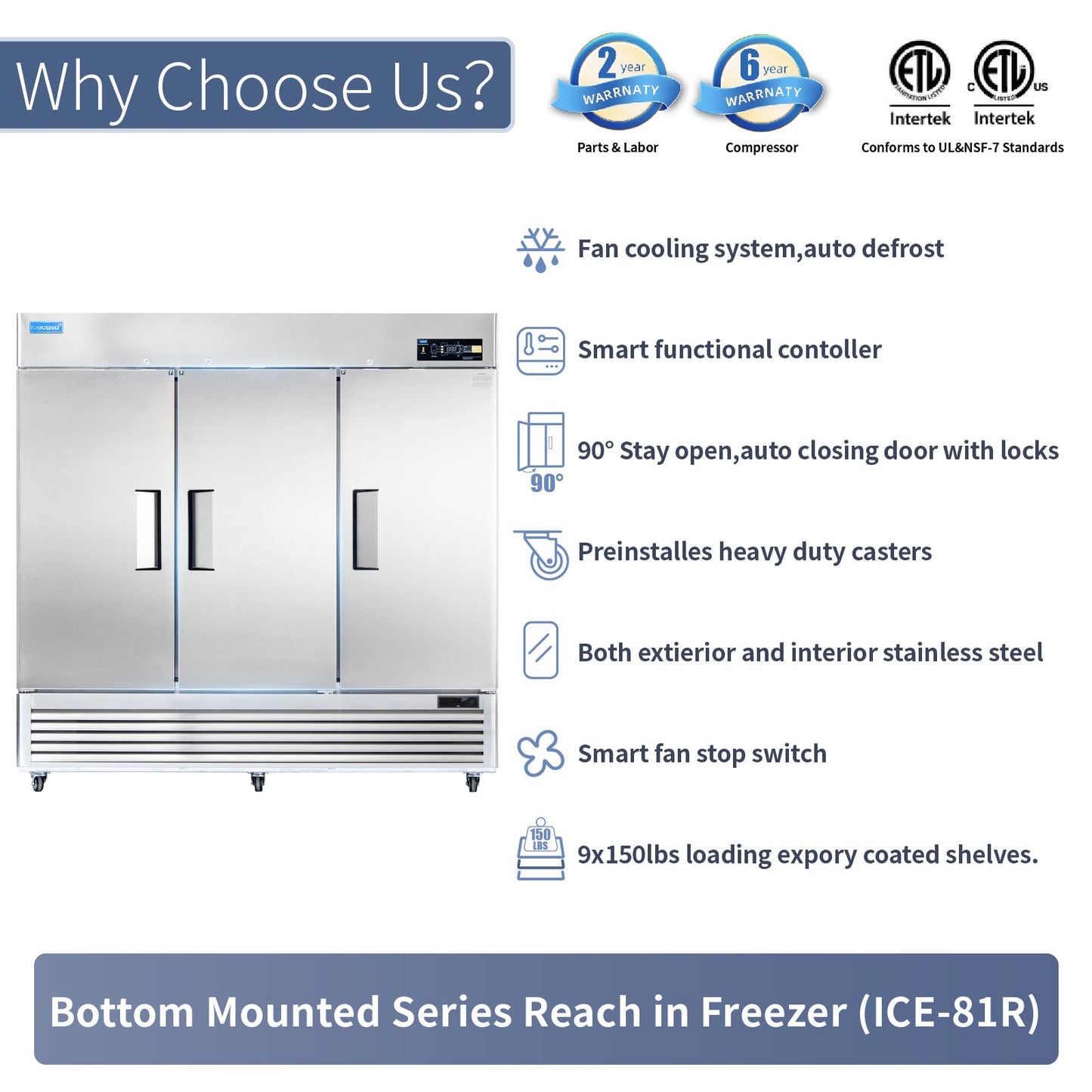 ICECASA 82" W Commercial Refrigerator Reach-in 72 Cu.ft 3 Solid Door Stainless Steel Commercial Refrigerator Fan Cooling for Restuarant, Bar, Shop, etc