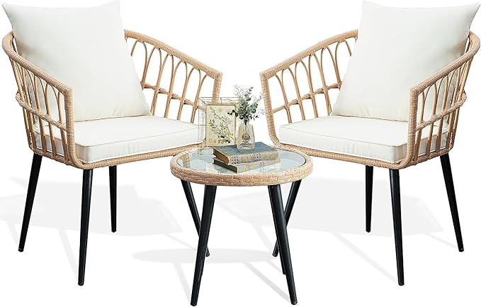 PORWEY 3 Piece Patio Bistro Set, Outdoor Wicker Apartment Balcony Furniture Sets, Rattan Table and Chairs Set of 2 for Porch Backyard Lawn Poolside Deck, Beige