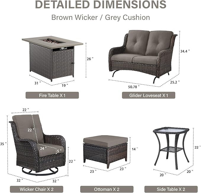 Belord 8 Piece Outdoor Patio Furniture Set - 41" CSA Propane Fire Pit Table Patio Conversation Set with Swivel Rocker Outdoor Chairs, Wicker loveseat and Ottoman for Outside Casual Gathering