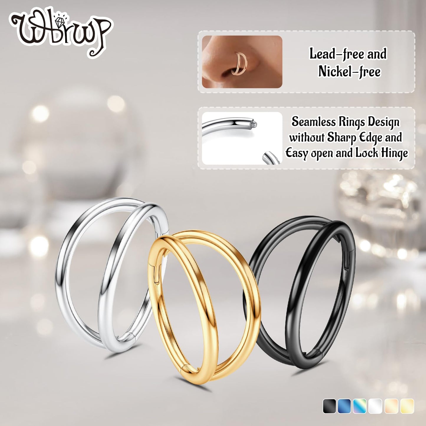 WBRWP Nose Ring Lip Rings Septum-Clicker : Double Ring Open Stacked Silver Ring 16G 8mm 316L Surgical Steel Sleeper Earring Heli
