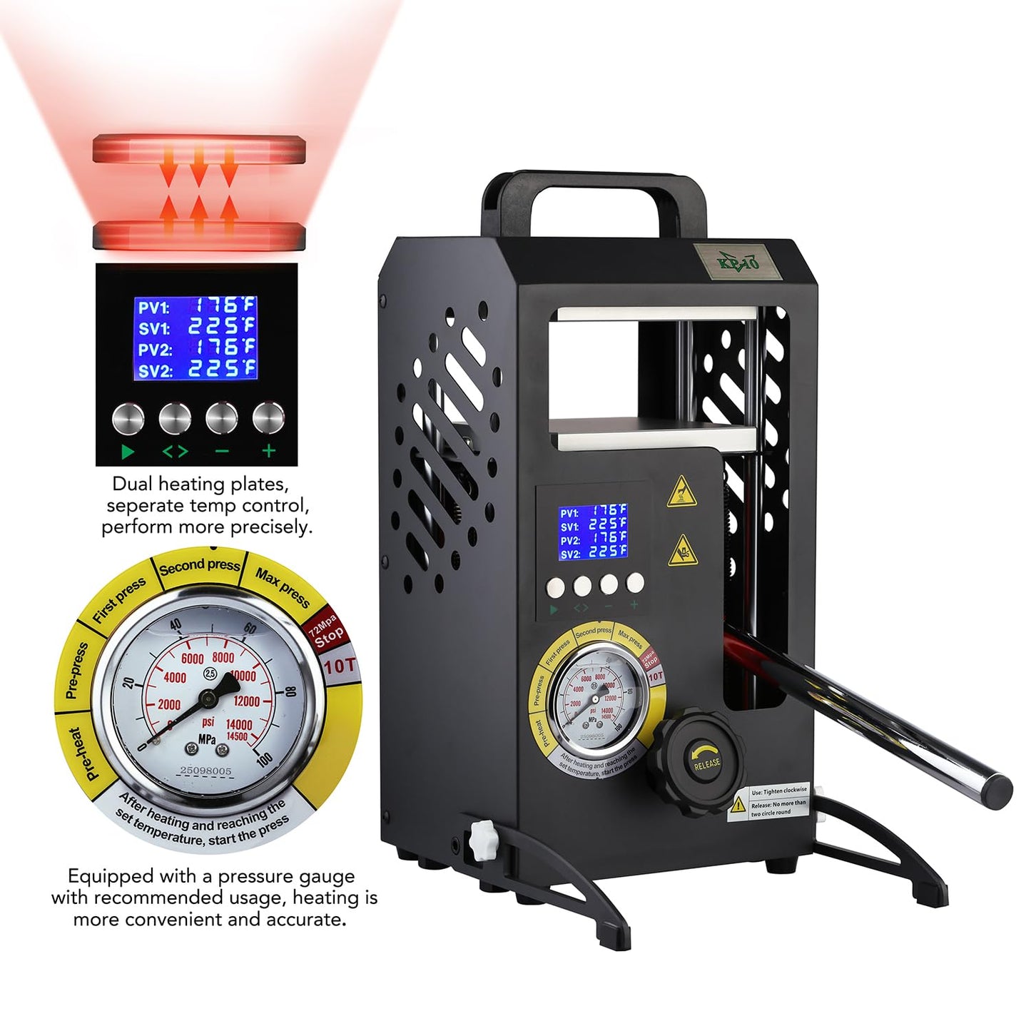 Heat Press Machine with 5.5" X 5.5" Dual Heated Plates 10 Tons Manual Press with LCD Digital Display Screen & Precise Pressure Gauge 110V/220V