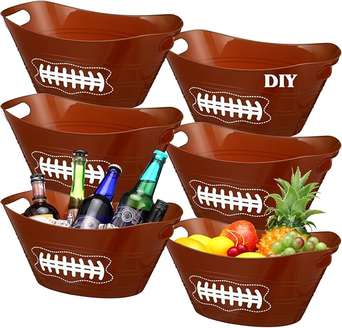 Teenyyou 6 Pcs Brown Football Plastic Ice Bucket Drink Cooler Bulk 4.5l Oval Storage Basket Tub with Handles for Summer Sp...