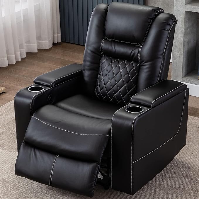 CANMOV Electric Power Recliner Chair Set of 5, Breathable Leather Home Theater Seating with Hidden Arm Storage, Power Recliner Chair for Living Room with USB Ports and Cup Holders,Black