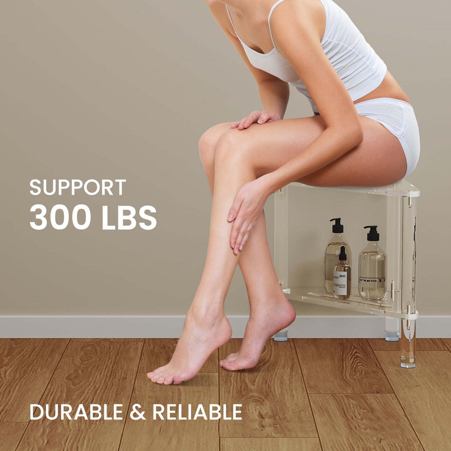 GOIOOIA Acrylic Corner Shower Stool for Shaving Legs 11.42" D X 11.42" W X 14.37" H, Triangle Shower Foot Rest with Storage Shelf, Heavy Duty, for Inside Shower,