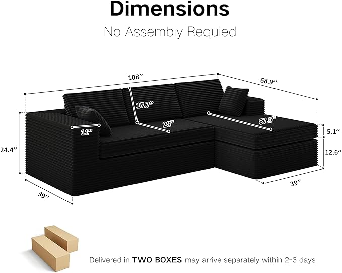 Extra Firm 108” Cloud Boneless Couches for Living Room,Modular Sectional Cloud Couch with Deep Seat, High-Resilience Foam/Sag-Resistant/Keeps its Form, No Assembly Required (Right-Facing Chaise) | Quick Assembly, Extra Firm Support, Not easily collapsed