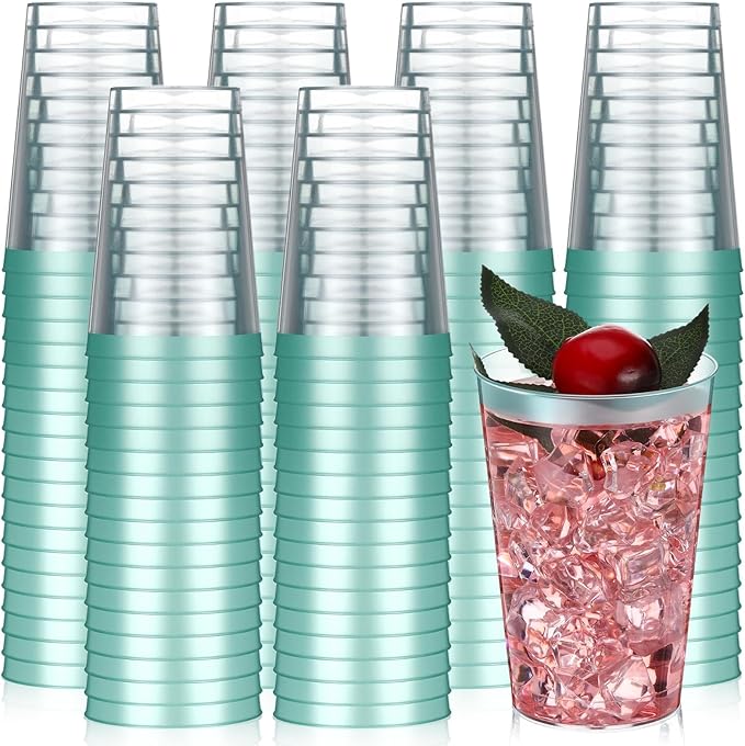 Patelai 100 Pcs Teal Blue Plastic Cups 12 oz Teal Blue Rimmed Plastic Cups Heavy Duty Disposable Wine Glasses Clear Cockta...