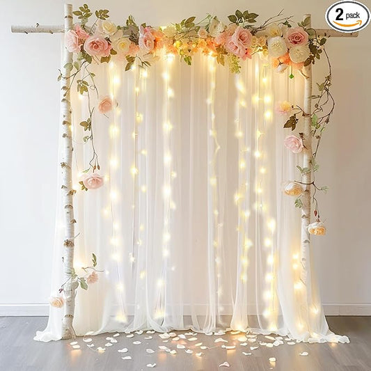 10 FT x 8 FT White Backdrop Curtain - Tulle Backdrop Curtain with 9.8FT Lights String - Sheer Backdrop Curtains with 4 Inc...