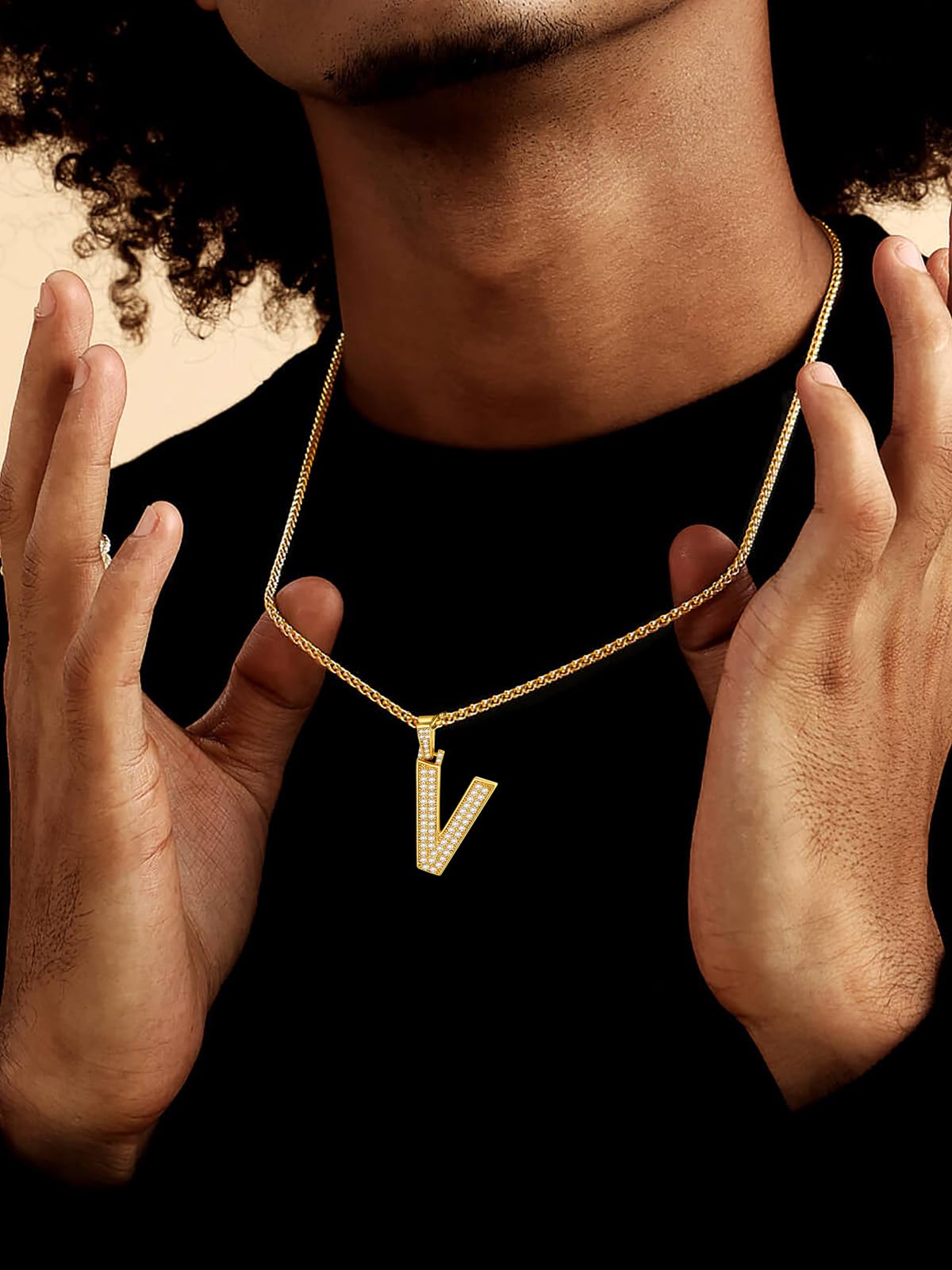 U7 Men 18K Gold Plated Bling Name Chain Full CZ Rapper Costume Jewelry Initial V Necklace
