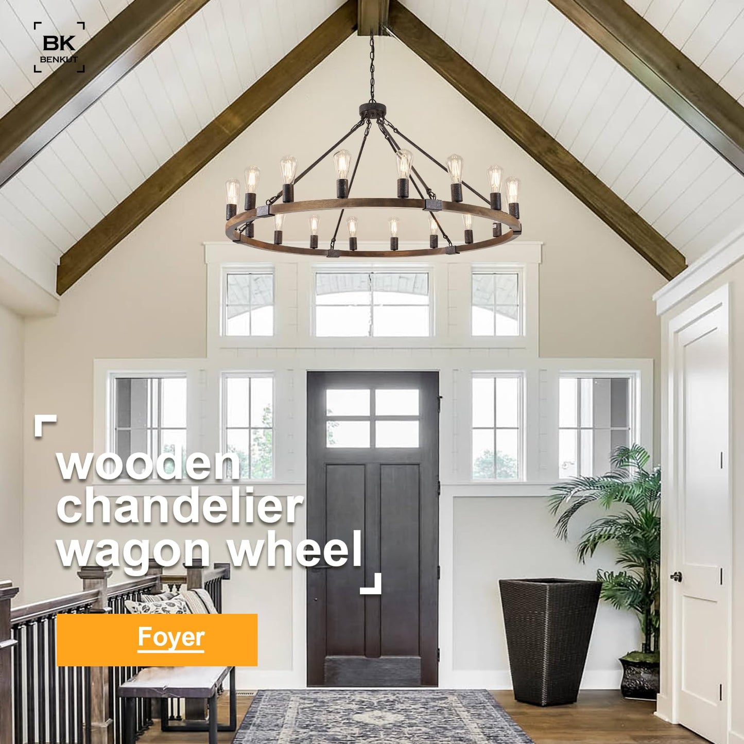 Benkut Farmhouse Wagon Wheel Chandelier 47" Black Rustic Light Fixtures 18-Light Wood Round Chandelier for Foyer Living Room Entryway Dining Room