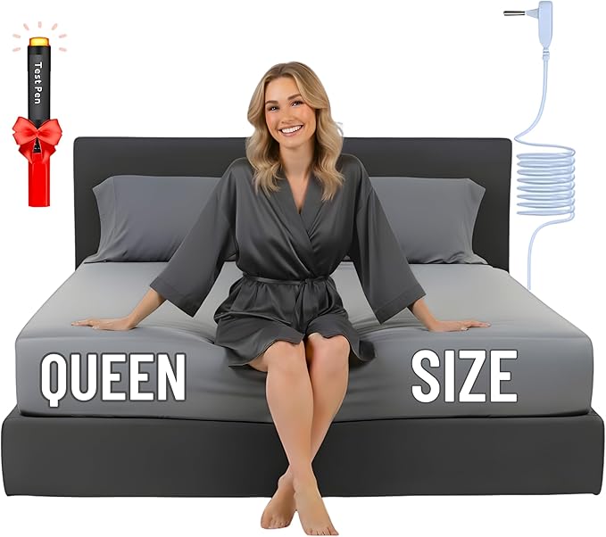 Grounding Sheets with Egyptian Cotton. Premium EMF Protection Grounding Fitted Bed Sheets Queen Size. 95% Egyptian Cotton + 5% Silver Fiber (Gray, Queen, Fitted), grounding Well Bed Sheets.