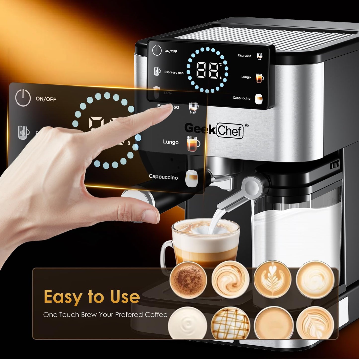 Geek Chef Espresso Machine with Milk Frother, 20 Bar Automatic Espresso Maker, Fast Heating Coffee Maker for Cappuccino, Latte & Iced Coffee, Easy to Use & Clean, for Home Barista