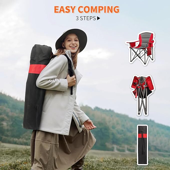 LANMOUNTAIN 2 Pack Padded Oversized Camping Chairs for Adults,Heavy Duty Support 400 Lbs,Folding Portable Lawn Chair w/Cup Holder,Cooler Bag,Side Pocket,Perfect for Outdoor Picnic,Hiking(Red&Black)