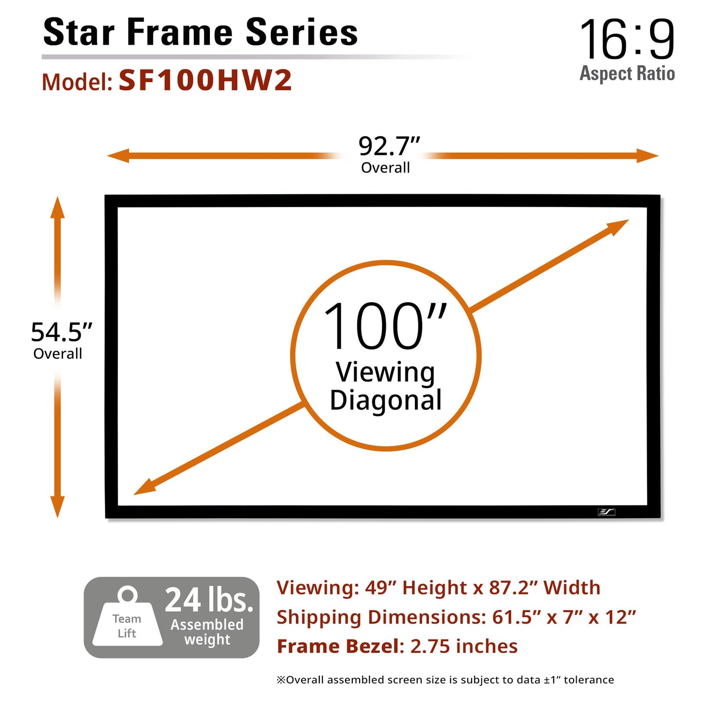 Elite Screens 100" Wall Mount Fixed Frame Projector Screen Diagonal 16:9, 8K/4K Ultra Hd Ready, Aluminum Frame, Projection Screen for Indoor Home Movie Theater Cinema, SF100HW2, CineWhite 1.3 Gain